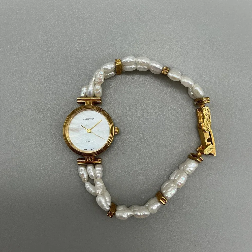 Vintage Majestron Womens Watch 22mm MOP Dial Gold Tone Beaded New Battery 7.5